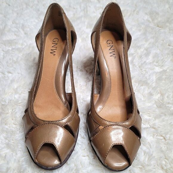 GNW Peep Toe Champaign Taupe Chunky Heels - Picture 4 of 10